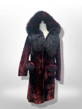 Genuine Fur Hooded Coat Shearling and Fox Fur Bergundy Iridescent and Black Goth